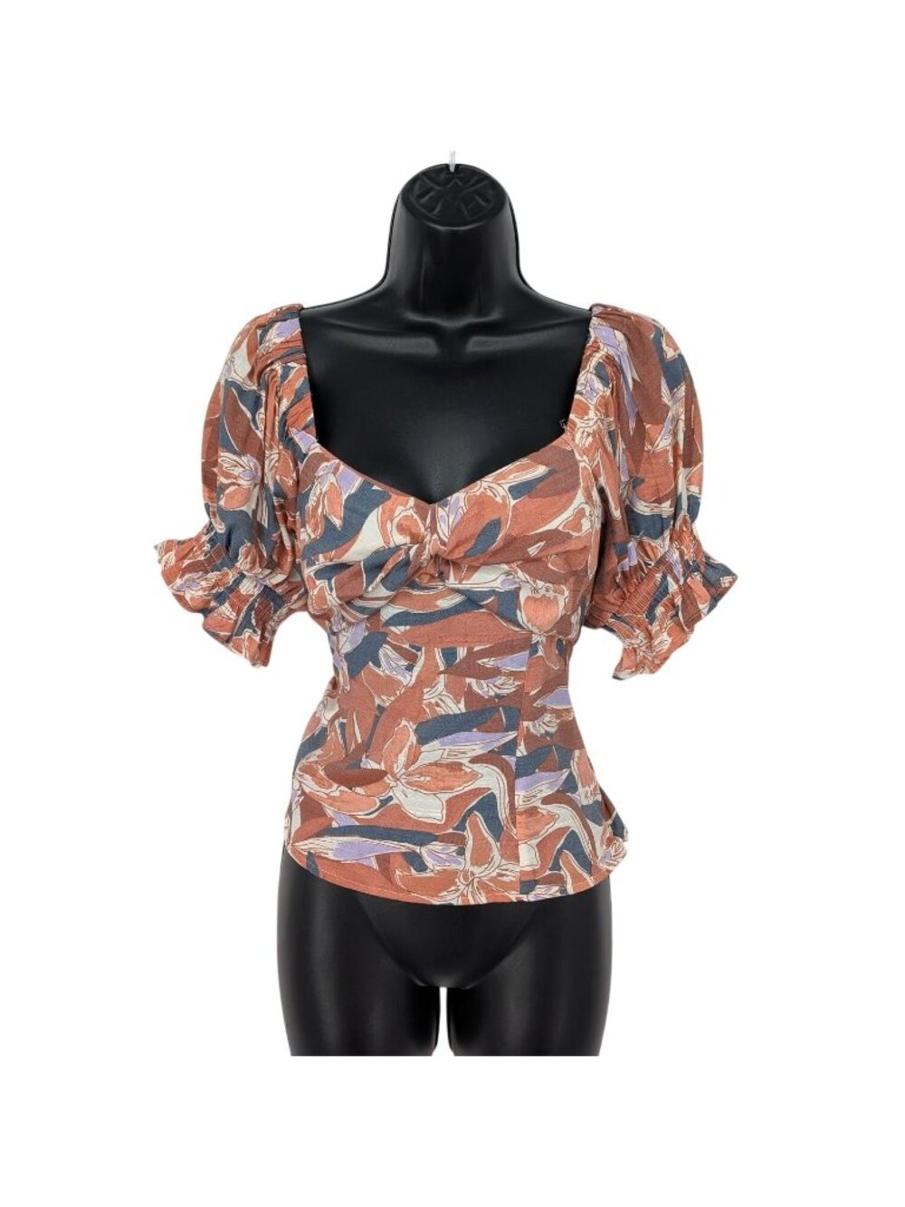 Floral Puff Sleeve Top Square Neck Front Twist Cottage Romantic Prairie Medium